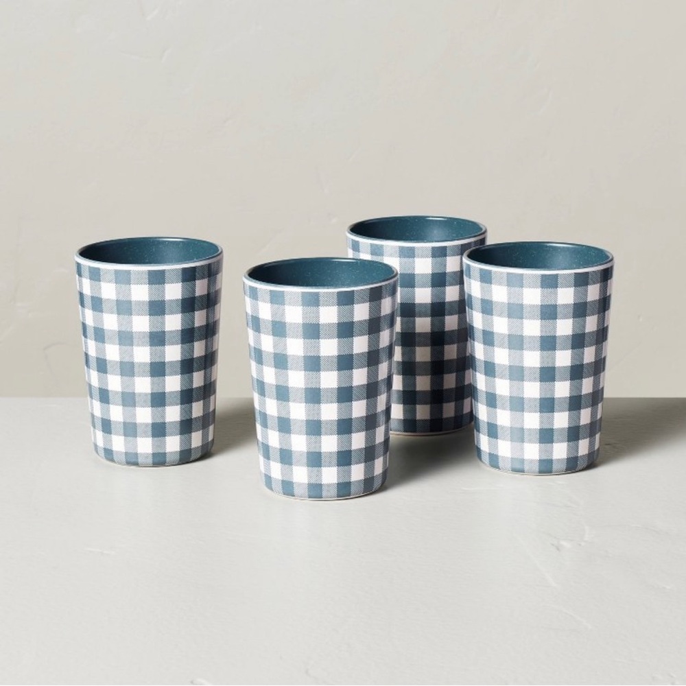 Hearth & Hand w/ Magnolia set of 4 tumblers. Blue & cream gingham, 12oz each.